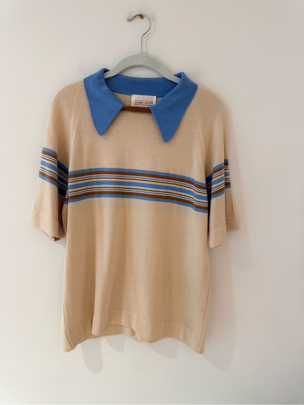 Vintage Lord Jeff Beige Knit Polo with Blue Collar & Stripes